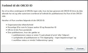 Tekstboks med information om overførsel mellem Pure og ORCID