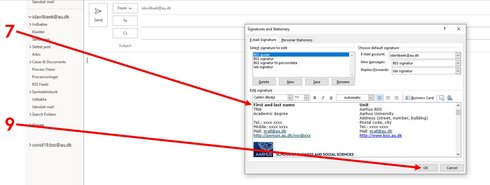 Step 7 and 9 in creating an email signature in Outlook