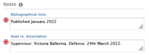 Note field regarding dissertations has been filled out with defence date and supervisor name