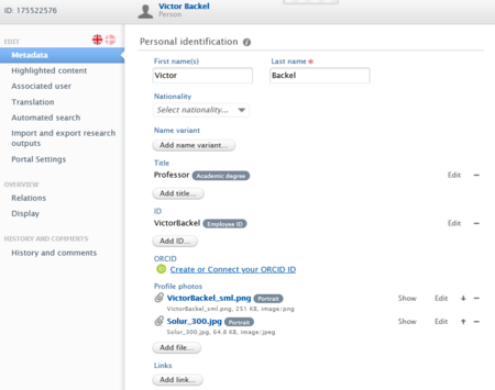 Snapshot of profile information overview in Pure backend