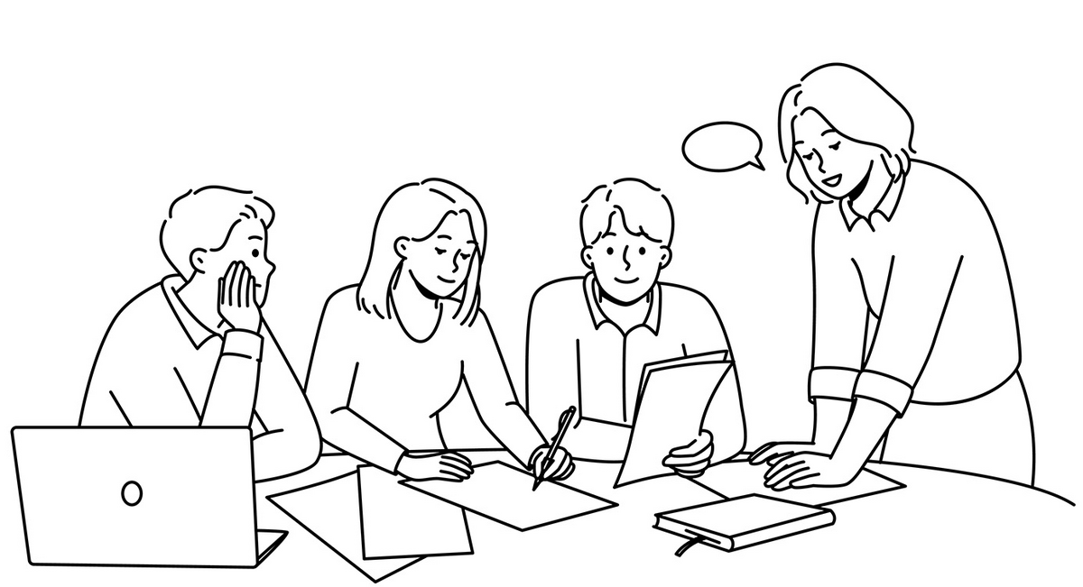 Illustration af psykologisk tryghed, der viser fire mennesker, der arbejder trygt sammen
