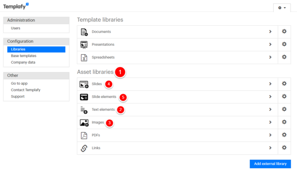 Billedet viser administratormodulet i Templafy, hvor der kan uploades elementer