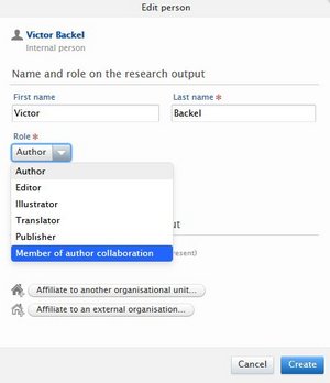 Value "member of author collaboration" is selected from drop down menu