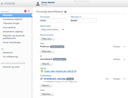 Skærmbillede af oversigt over personlige oplysninger i Pure backend