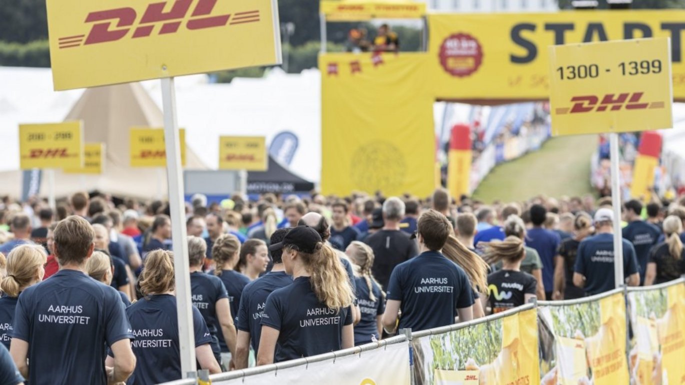 Mange løbere fra Aarhus Universitet står klar til løbstart i en flok løbere til DHL-stafet.