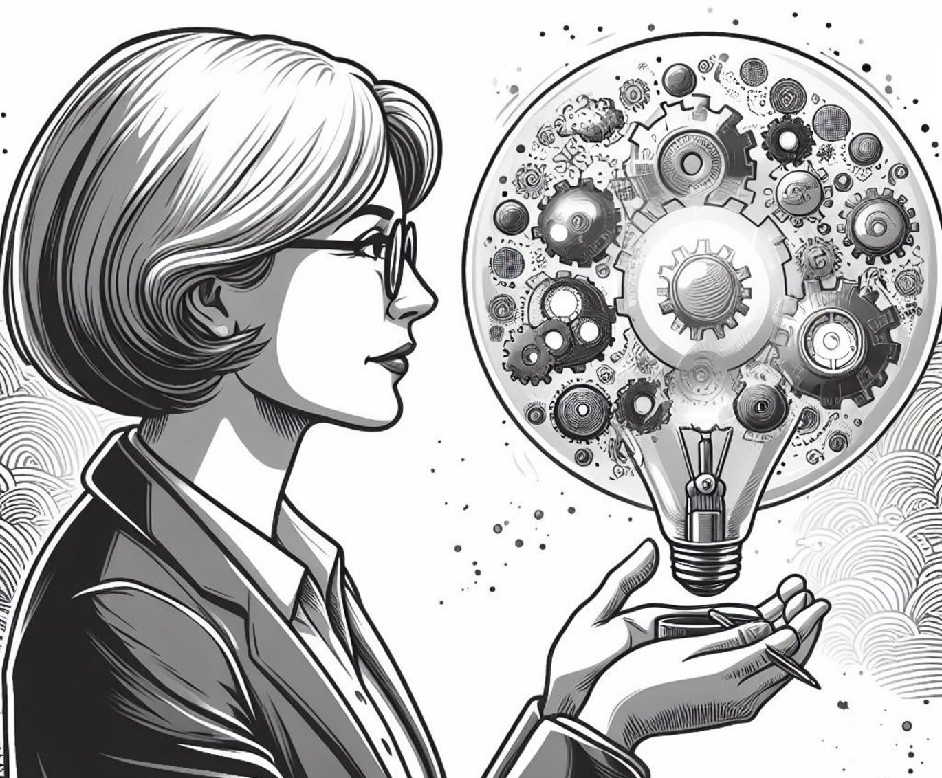 Graphic showing a senior woman holding an extremely large lightbulb containing a great amount of small and large gears.