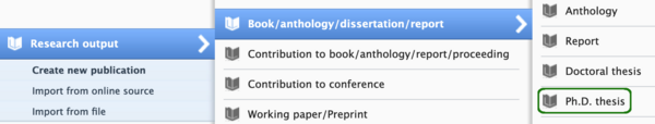 Hierarchy with templates where Phd dissertation is marked as choice under publications