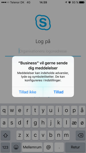 Tillad at Skype for business app’en sender notifikationer. Klik på 'Tillad'.