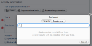 Search and select event or organisation