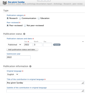 Part of the editor with fields to fill out information about publication category, publication status, and publishing year and month.