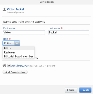 Person added with default role of editor. Other roles can be selected from drop-down menu.