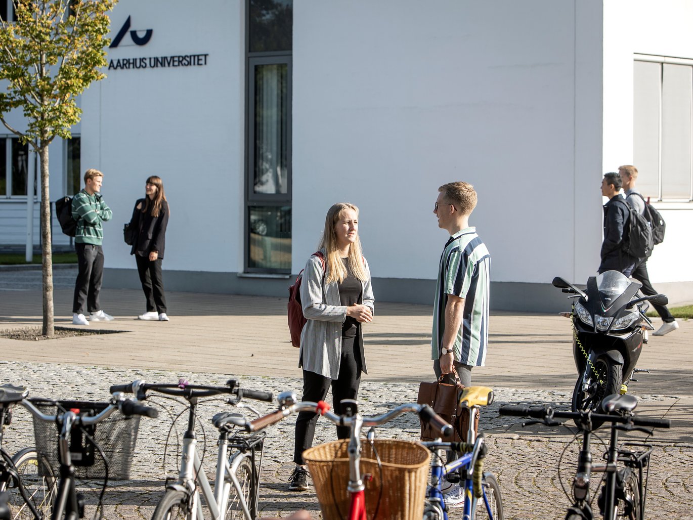 [Translate to English:] Studerende snakker ved indgang på campus i Herning