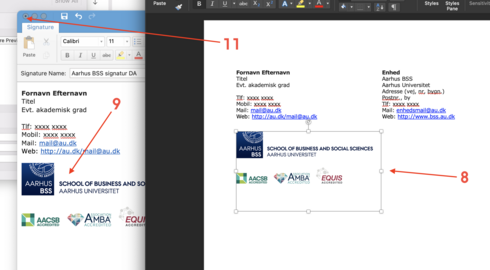 Trin 8, 9 og 11 i opsætning af mailsignatur i Outlook