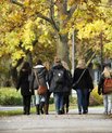Studerende går gennem Universitetsparken om efteråret