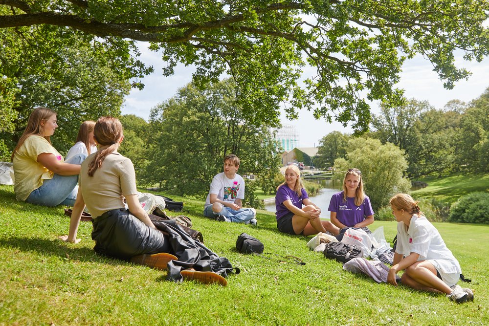 En gruppe studerende sidder på græsplanen under studiestart på AU