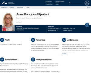 Detaljevisning af en personlig hjemmeside for Anne Kjedahl, systemforvalter for Pure på Aarhus Universitet. På billede er en række felter, hvor medarbejderen har udfyldt sin forskning, uddannelse, samarbejde og arbejdsområder.
