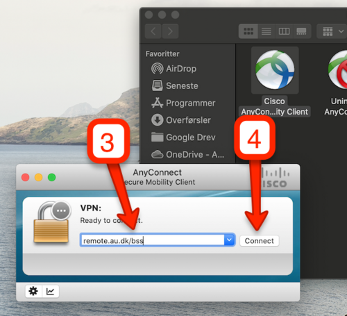 Trin 3-4 for login til VPN på MAC