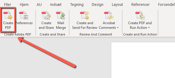 Et billede af fanen Adobe og knappen Opret PDF. Knappen er markeret med rød firkant og rød pil for at vise brugeren, hvor knappen ses i programmet.