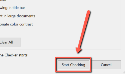 Et screenshot af dialogboksen i Accessibility-værktøjet i Adobe Acrobat Pro. I dialogboksen kan brugeren vælge knappen Start check eller Cancel. Start check-knappen er markeret med en rød pil og rød firkant, da det er denne læseren bør klikke på.