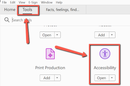 Screenshot af Adobe Acrobat Pros tilgængelighedsværktøjet. Værktøjets ikon er en lilla tændstiksfigur. Under ikonet står der Accessibility og en knap med teksten Open. Ikonet er omridset af en rød firkant og rød pil for at vise brugeren, hvor ikonet findes.