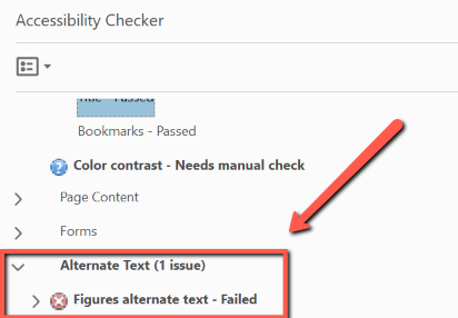 Screenshot af liste over tilgængelighedsfejl i en PDF fundet med Adobe Acrobat Pros Accessibility check. På listen ses en fejl i alternativ tekst, da en figur mangler at få angivet en alternativ tekst.