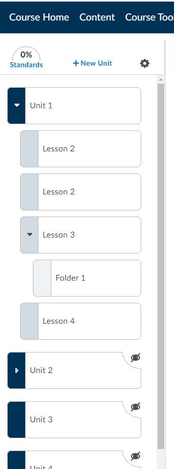 eksempel på hvordan en unit-, lesson- og folder-struktur kan se ud